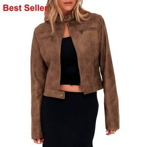 Faux Leather Cropped Jacket Vintage Motorcycle Zip Up Stand Collar